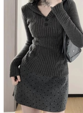 胖mm灰色毛呢波点半身裙女春季格雷miu系植绒高腰a字显瘦包臀短裙
