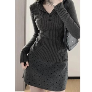 胖mm灰色毛呢波点半身裙女春季 格雷miu系植绒高腰a字显瘦包臀短裙