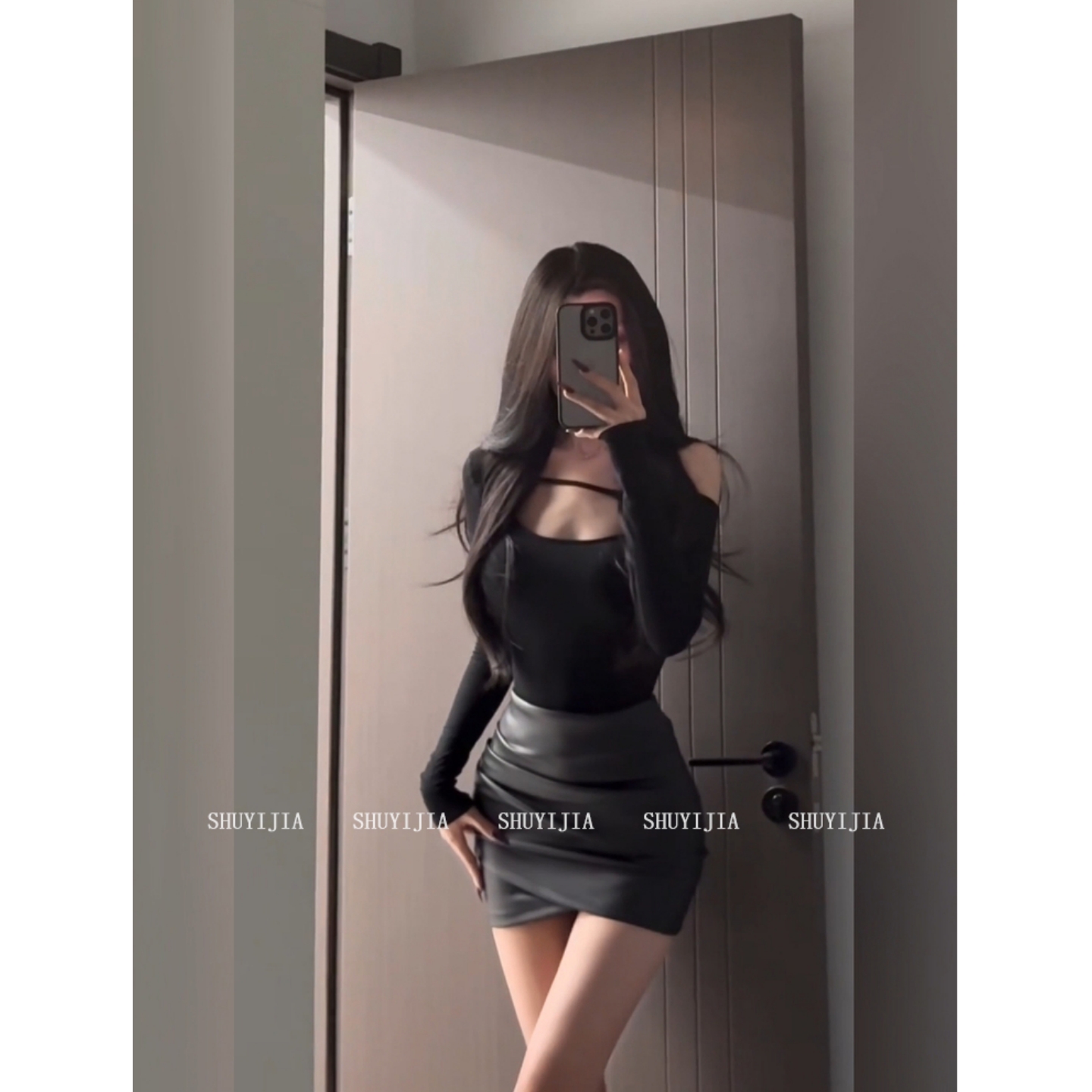 微胖mm黑色皮裙a字半身裙女短裙