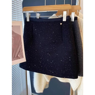 黑色亮片半身裙女春季新款大码高腰小个子微胖mm百搭显瘦a字短裙