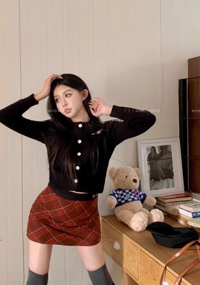 甜辣风高腰红色格子a字短裙