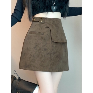 美式不规则工装包臀短裙女胖妹妹秋冬美拉德咖色鹿皮绒a字半身裙