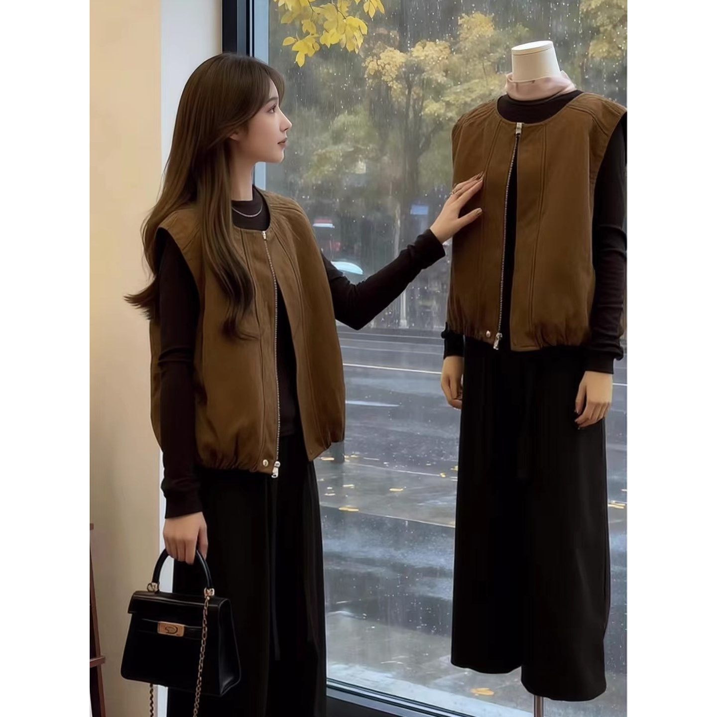 韩系工装风麂皮时尚拉链马甲秋冬