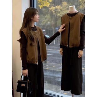 夹克外套 设计感减龄无袖 微胖mm韩系工装 风麂皮拉链马甲女秋冬新款
