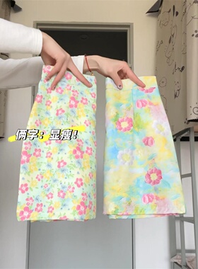 绿色碎花短裙油画半身裙女大码胖mm夏日穿搭多巴胺海边包臀小裙子