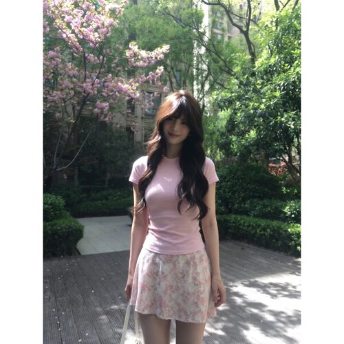 柔美俏皮风粉色碎花半身裙女短裙