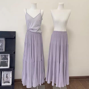 大码女装雨雾紫藤压褶半身裙女秋季新款高腰遮胯显瘦大裙摆a字裙