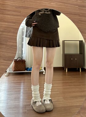 咖色百褶皮裙大码胖mm高腰a字女