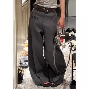 大码美式复古灰色西装裤子女款春季百搭高级慵懒松弛宽松拖地长裤