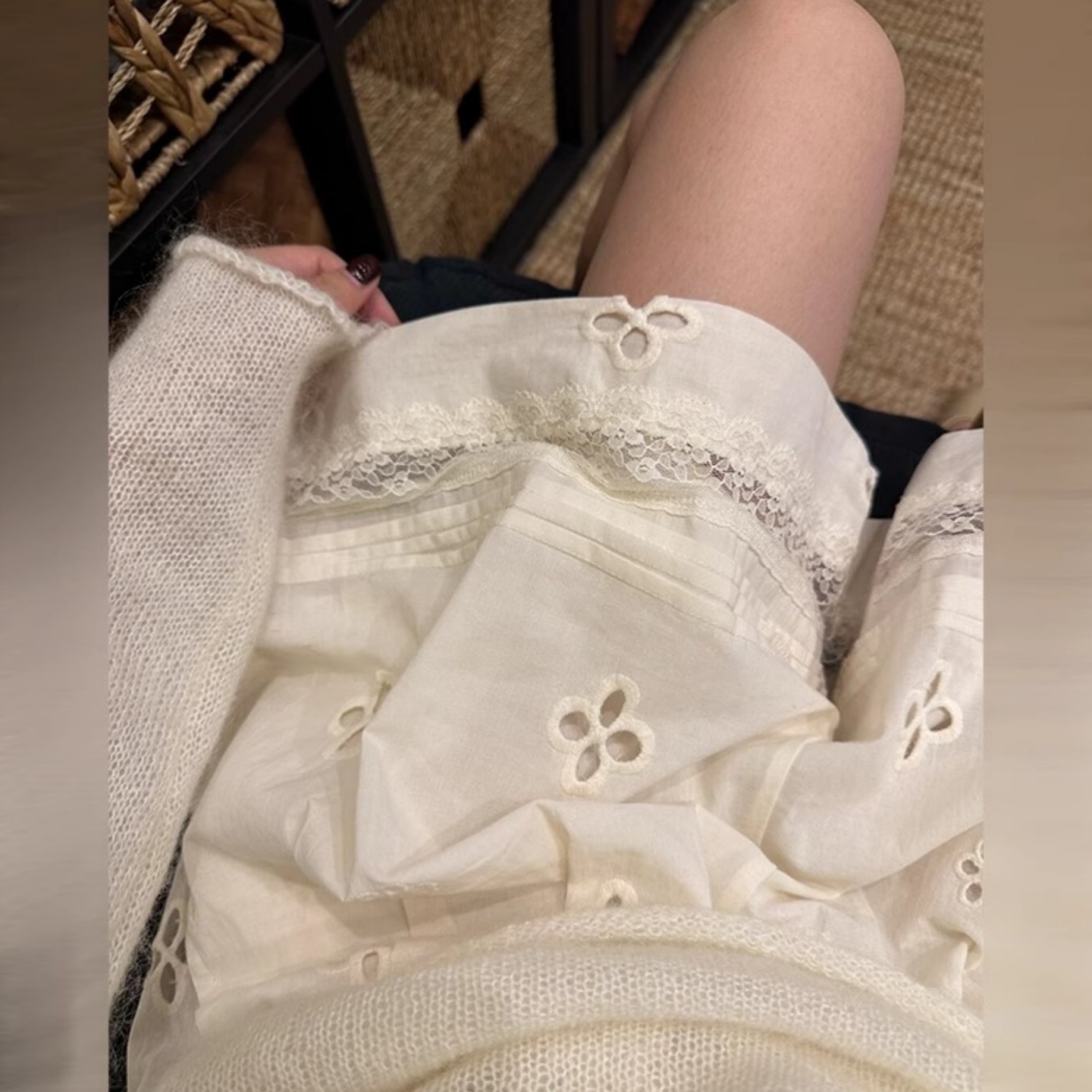 大码胖mm杏色蕾丝拼接短裤女春秋季小个子高腰宽松显瘦阔腿五分裤