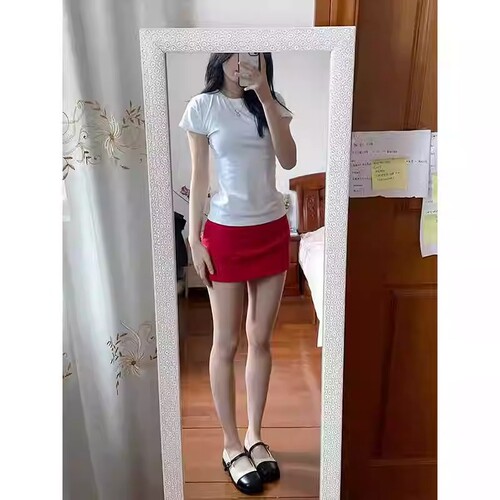 春季甜酷辣妹红色刺绣半身裙