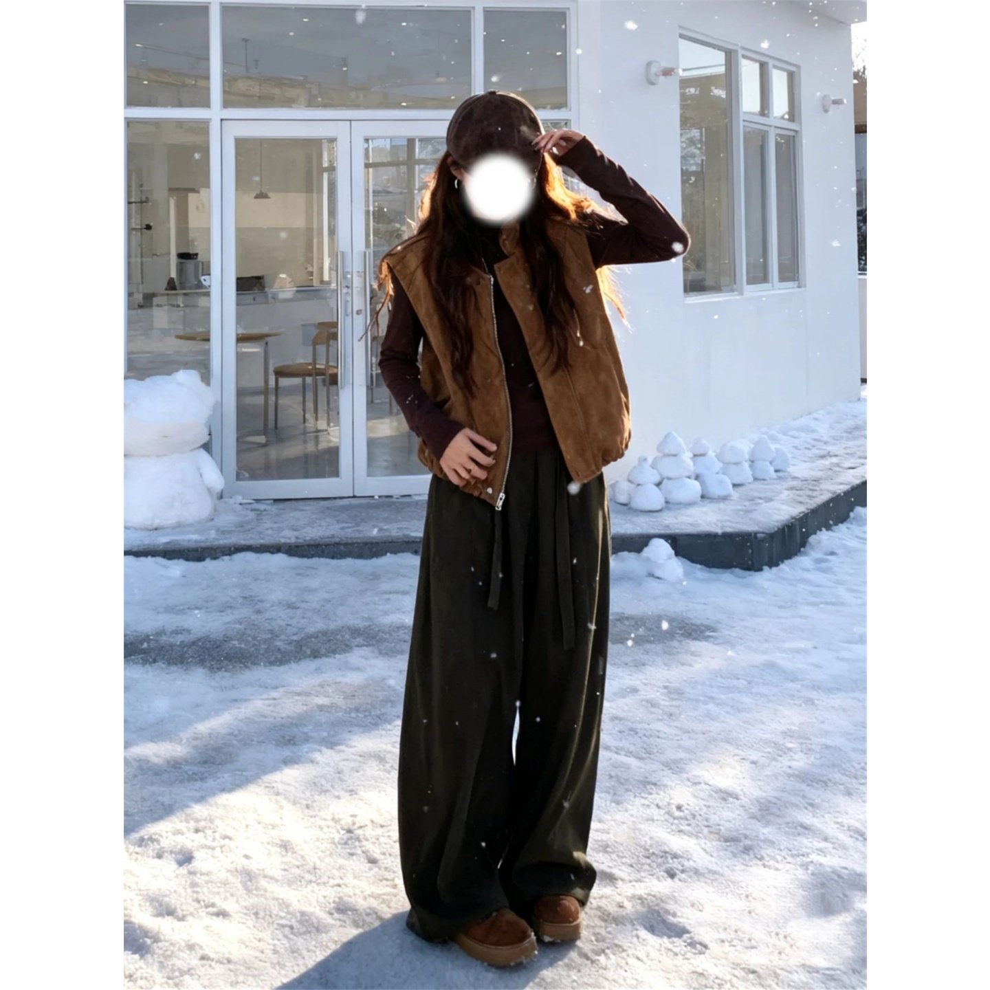 大码春季圆领百搭休闲背心外套马夹美拉德复古棕色麂皮叠穿马甲女