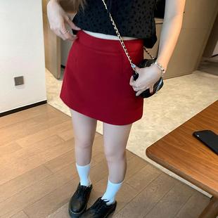 甜美红色毛呢半身裙女辣妹高腰一步裙小个子显瘦包臀a字短裙 夏季