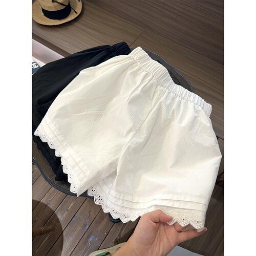 大码蕾丝花边休闲白色短裤女热裤