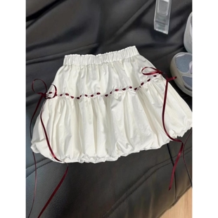 小个子花苞短裙高腰显瘦a字半身裙 甜美蝴蝶结绑带云朵伞裙女夏季