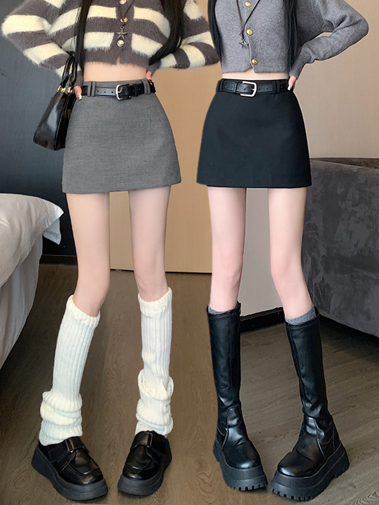 秋季高腰毛呢半身裙女小个子显瘦A字复古包臀弹力修身防走光短裙