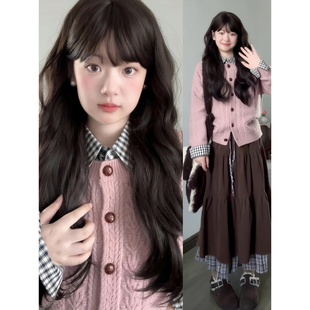 微胖mm日系复古咖色灯芯绒半身裙女秋冬加厚双层拼接格纹蛋糕长裙