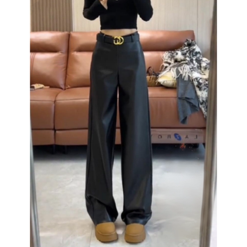 大码韩系黑色窄版阔腿皮裤女长裤
