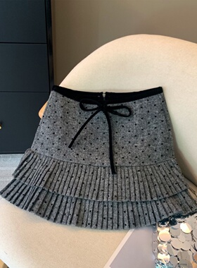 大码灰色miu系爱心波点毛呢半身裙女春季高腰蝴蝶结百褶裙a字短裙