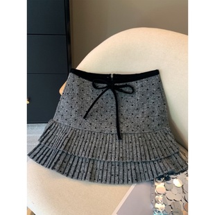大码 高腰蝴蝶结百褶裙a字短裙 灰色miu系爱心波点毛呢半身裙女春季