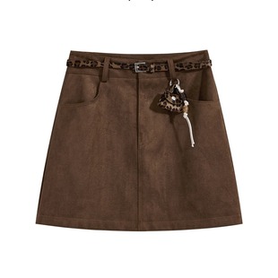 韩版咖色麂皮绒半身裙女大码胖mm秋冬加厚高腰A字包臀裙辣妹短裙