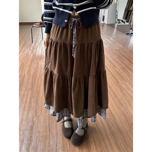 秋冬加厚双层拼接蛋糕裙显瘦A字伞裙大码棕色格子灯芯绒半身裙女