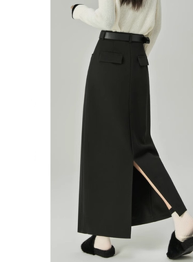 2026年黑色毛呢半身裙女春季款加厚中长款直筒裙高腰开叉A字长裙