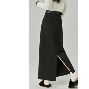 2025年黑色毛呢半身裙女秋季款加厚中长款直筒裙高腰开叉A字长裙