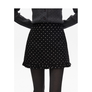 大码复古波点黑色毛呢半身裙女秋冬加厚高级感呢子木耳边a字短裙