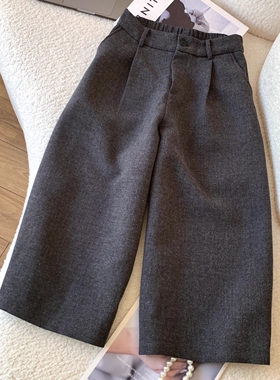 胖妹妹加厚毛呢阔腿裤灰色中裤女八分松紧腰靴裤春季小个子九分裤