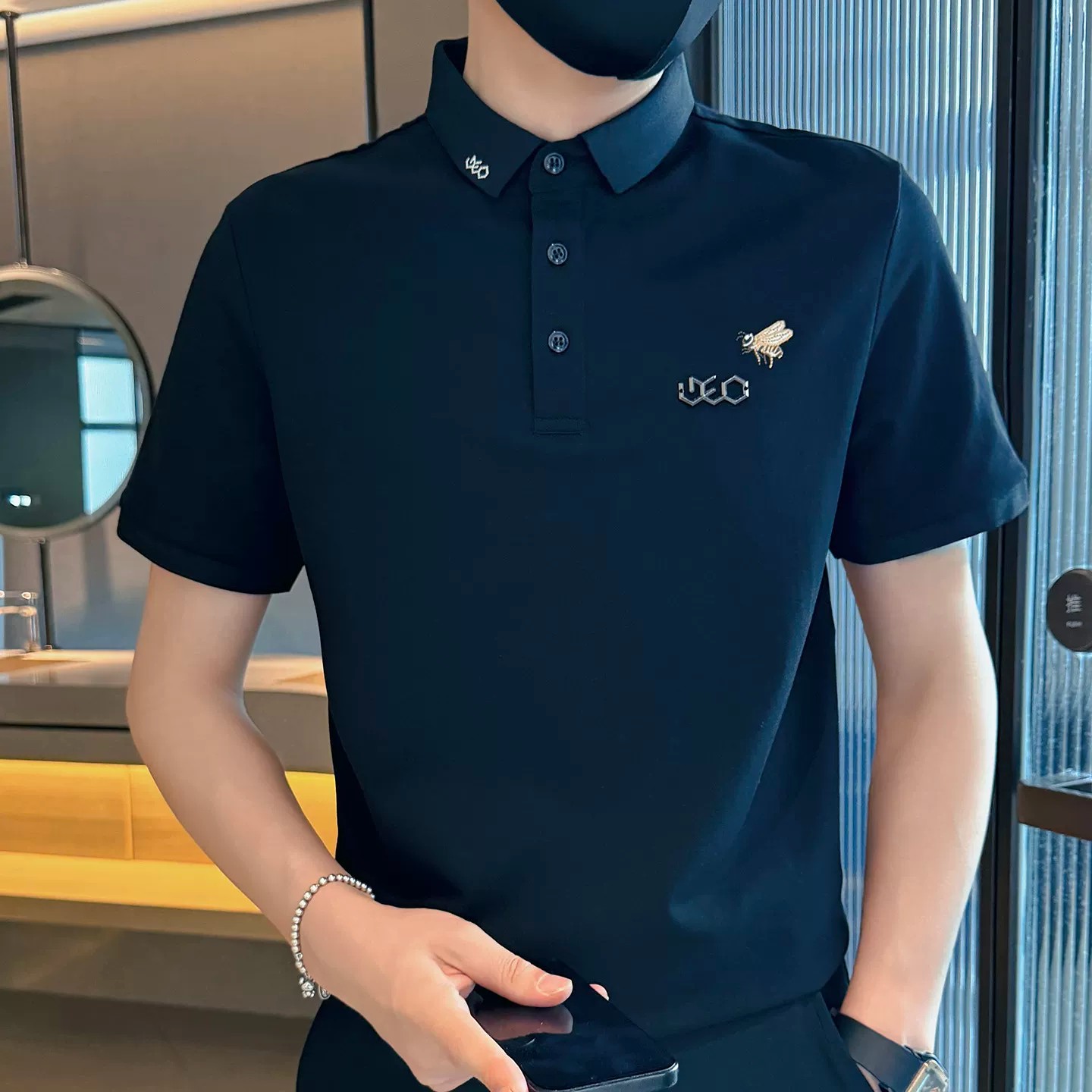 小蜜蜂刺绣POLO衫男韩版潮流痞帅百搭短袖休闲轻奢翻领保罗衫上衣