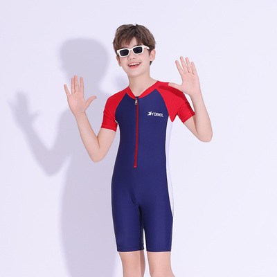 YOBELI男童连体泳衣短袖拉链撞色