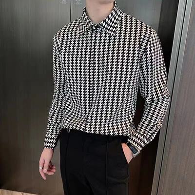 韩国ins设计感条纹格子高级感衬衫男修身垂感网红痞帅发型师衬衣