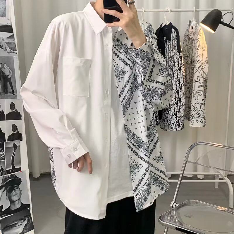 长袖衬衫男条纹拼接衬衣2022新款男士春装上衣春季潮流外套男春秋