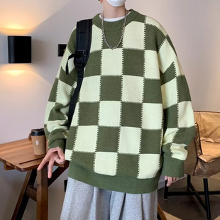 针织毛衣男潮牌秋冬季加厚套头圆领慵懒风冬休闲宽松情侣装男美式