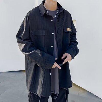 华夫格复古衬衫男士衬衣