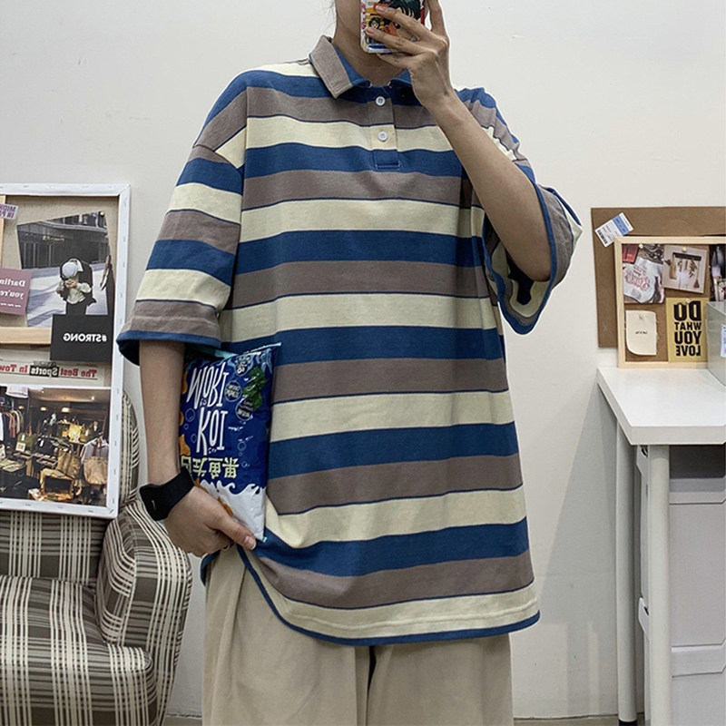 夏季短袖POLO衫男宽松潮牌百搭ins潮流网红学生港风条纹五分袖T恤
