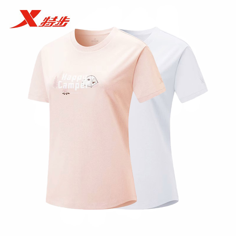 特步短袖女2025夏季新款宽松时尚百搭休闲冰丝透气运动T恤针织衫