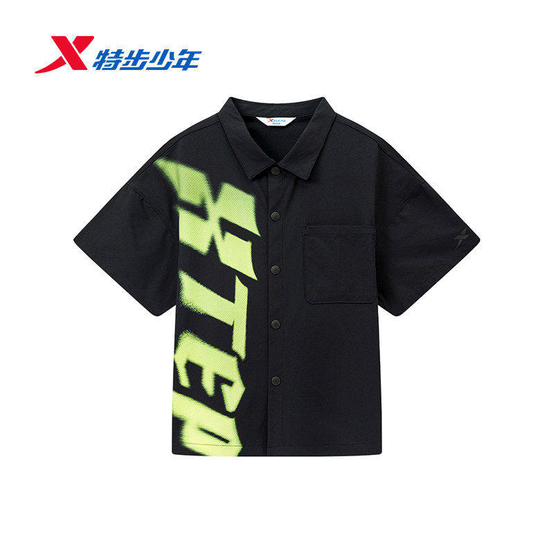 特步儿童短袖衬衫男大童2026夏宽松梭织运动速干上衣674225808444