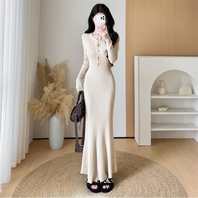法式V领长袖针织洋装子女