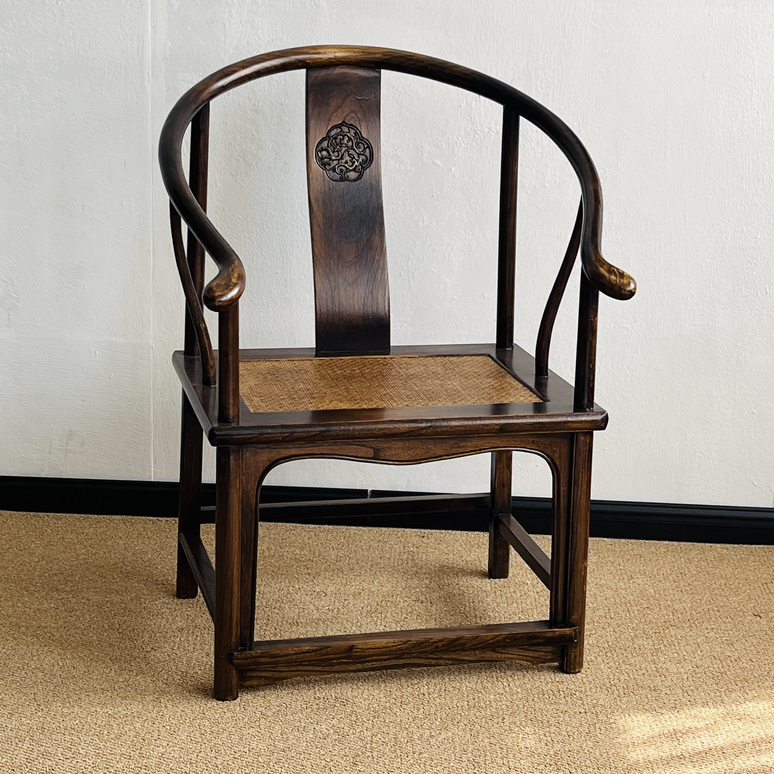 中式藤面圈椅实木太师椅椅子古典椅仿做旧主人椅围椅侘寂风复古