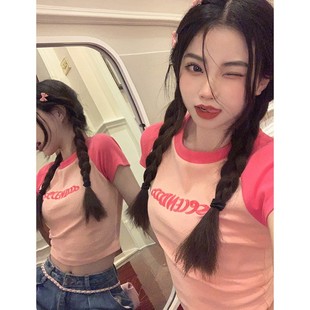 BM风设计感短袖 修身 紧身上衣女 刺绣撞色拼接T恤夏季 辣妹露脐短款