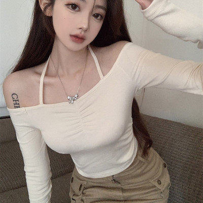 一字肩挂脖褶皱长袖T恤女修身