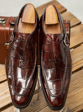 广州汉慕思鳄鱼纹牛皮孟克鞋男欧美尖头搭扣低帮休闲百搭僧侣正装
