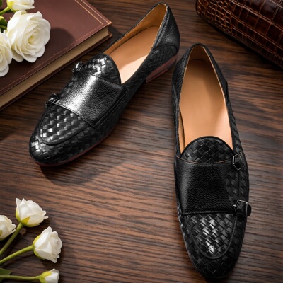 广州汉慕思手工编织牛皮内里男孟克单鞋欧美轻奢休闲驾车豆豆乐福