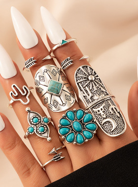 欧美波西米亚食指戒指宽版复古绿松石箭头花朵9枚套装指环九件套