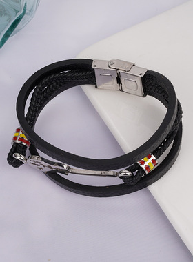 欧美男士复古时尚真皮不锈刚男士吉他多层编织皮绳黑色送男友手镯