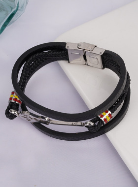 欧美时尚男士复古真皮不锈刚男士吉他多层编织皮绳黑色送男友手镯