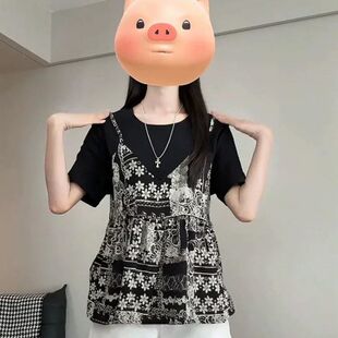 时尚印花小衫假两件短袖女上衣夏薄款轻奢高级感韩版设计感女装