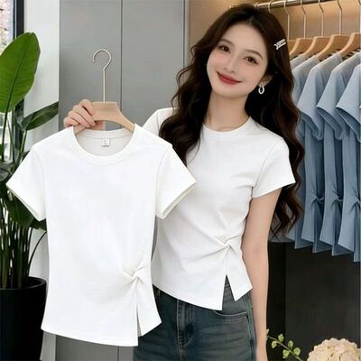 扭结开叉短袖T恤韩系女士正肩显瘦不规则潮流款圆领时尚气质修身